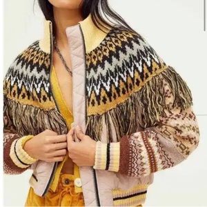 Free People Riley Swit Bomber Jacket Lavender Knit Print Fringed NEW